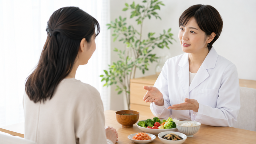 干しエビの摂取量や痛風、アレルギーについて専門家に相談する日本人女性