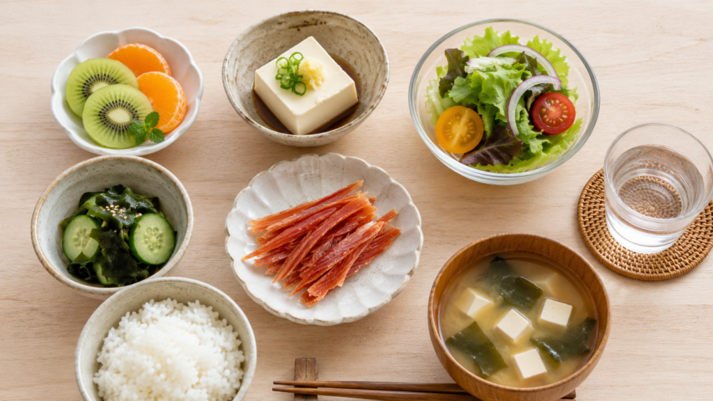 少量の鮭とばを豆腐や野菜、果物と組み合わせた栄養バランスのよい食事
