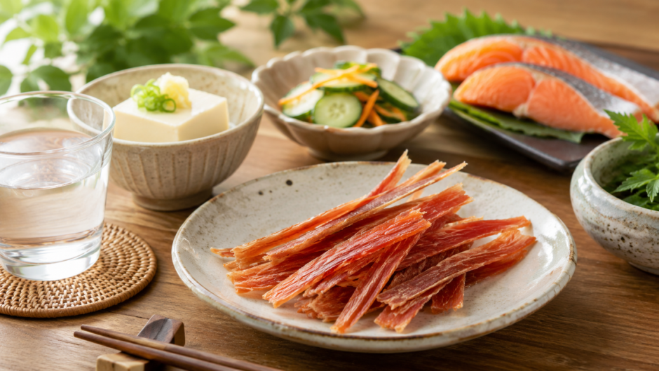 鮭とばを豆腐や野菜、水と一緒に少量楽しむ健康的な食卓