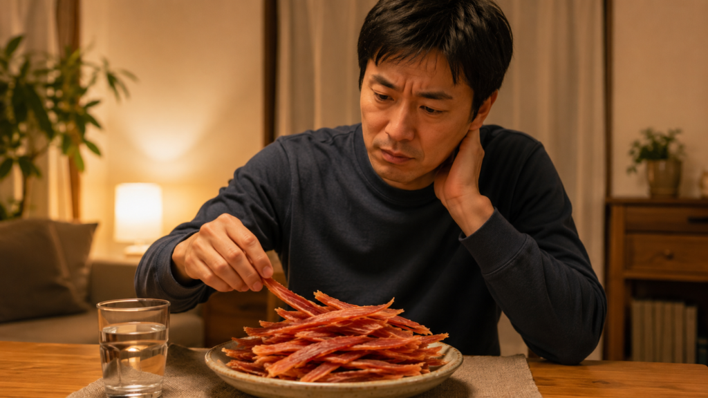鮭とばを食べ過ぎそうになり塩分や健康リスクを気にする日本人男性