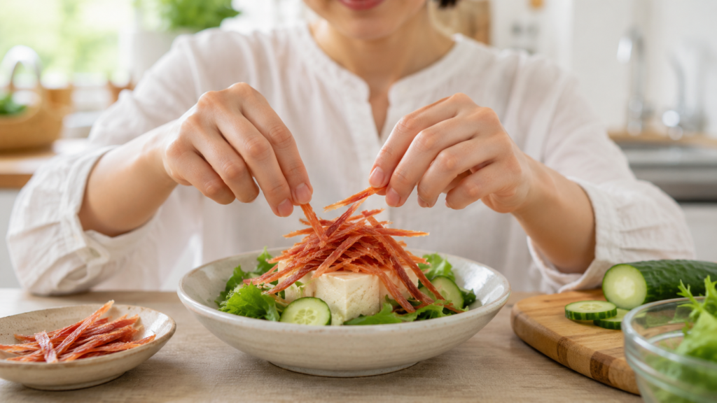 鮭とばを細かく裂いて豆腐サラダにのせる低塩アレンジ