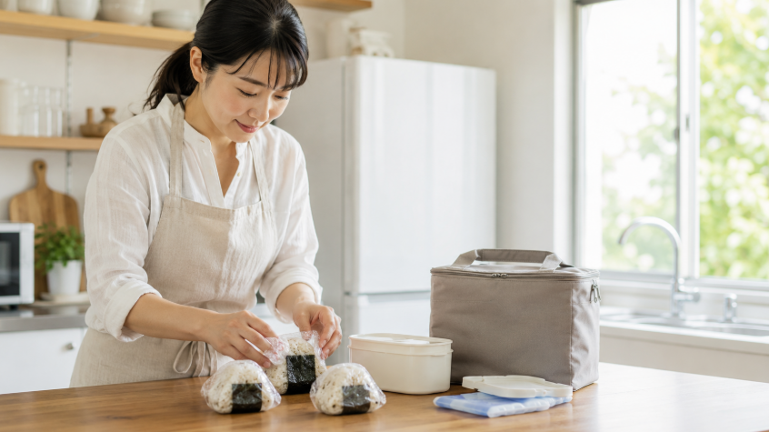 夏の朝にラップで包んだおにぎりと保冷バッグを準備する日本人女性
