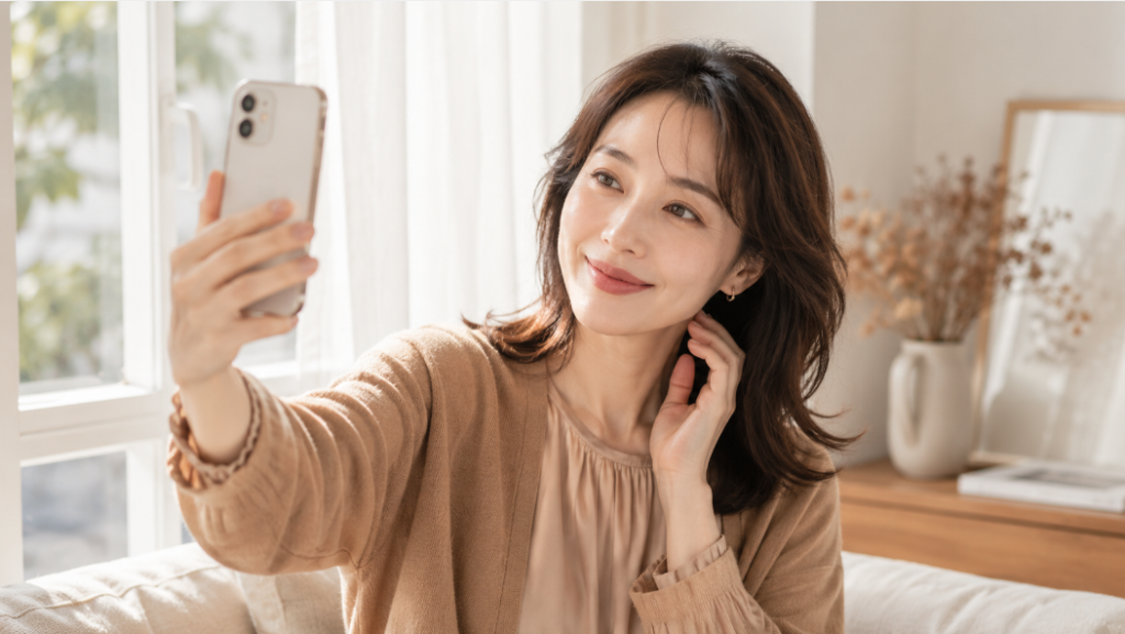 自然光の窓辺でロゼベージュリップの写真写りを確認する40代風の日本人女性