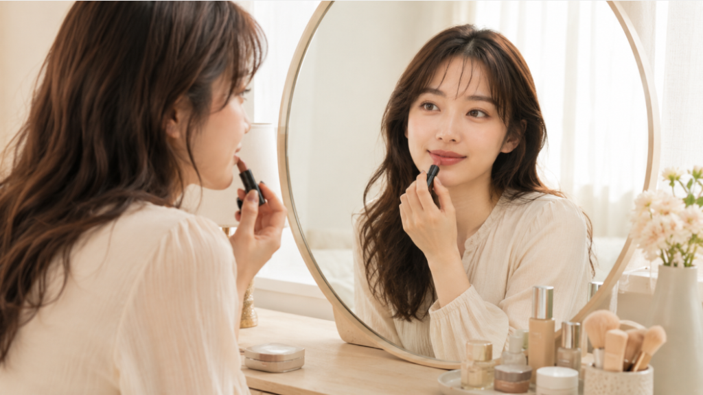 鏡を見ながらロゼベージュリップを塗り、自分に似合うか確認する日本人女性