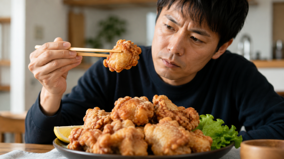 唐揚げを箸で持ち上げて火通りを確認する男性と、皿に盛られた唐揚げ