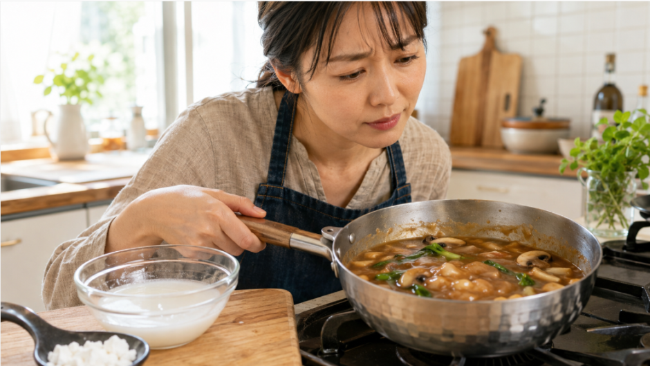 片栗粉がだまになったあんかけを確認する日本人女性と水溶き片栗粉