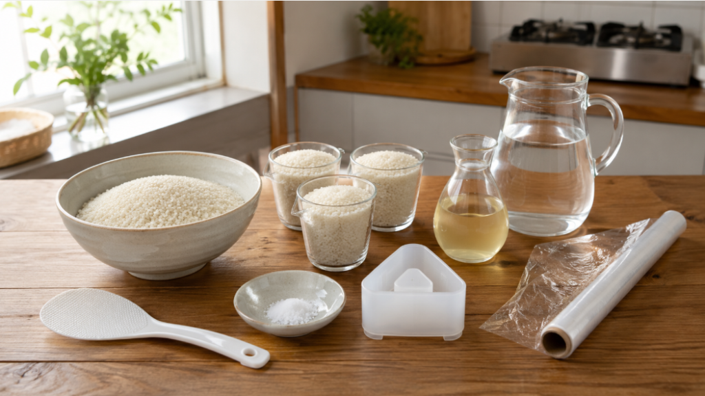 おにぎり用ご飯3合分の米・塩・白だし・水・ラップを並べた材料準備の様子
