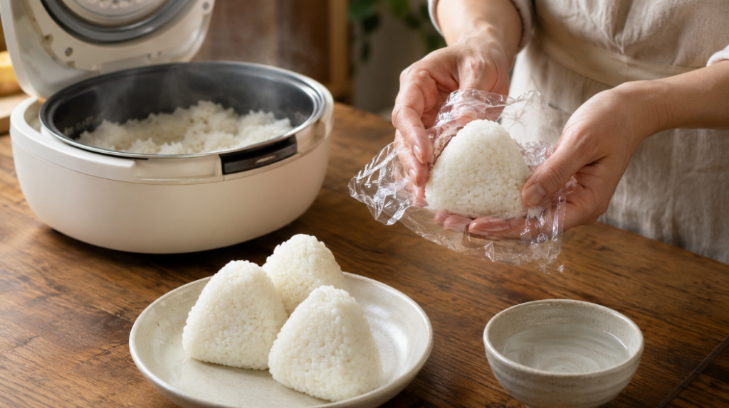 炊飯器のご飯を使い、ラップでふんわり塩おにぎりを成形している手順の様子