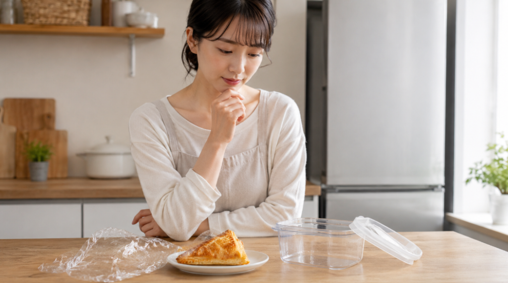 三角チョコパイを翌日まで保存するため、ラップと密閉容器を前に考える女性