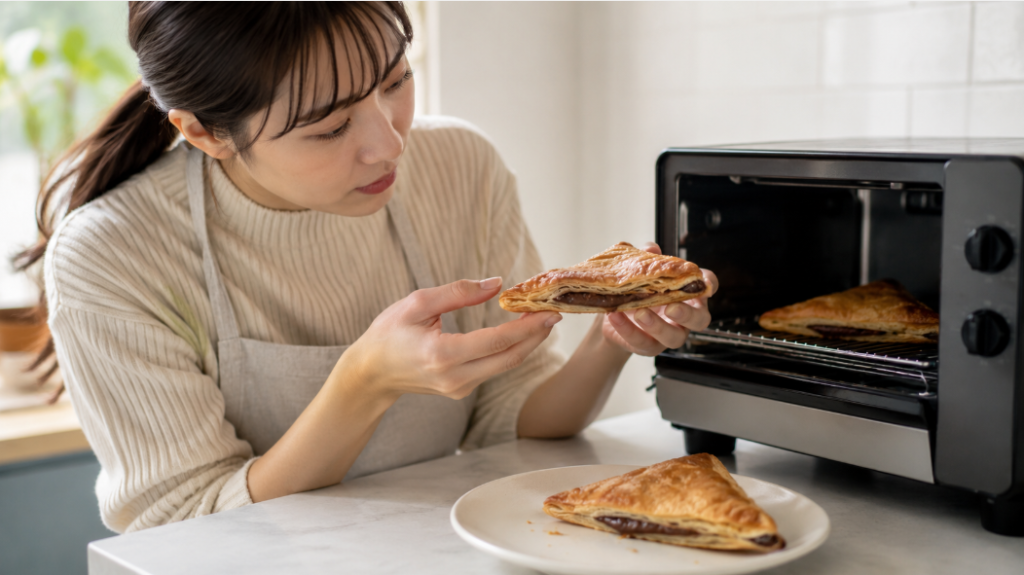 トースターで温め直した三角チョコパイを確認する女性とサクサクのパイ生地