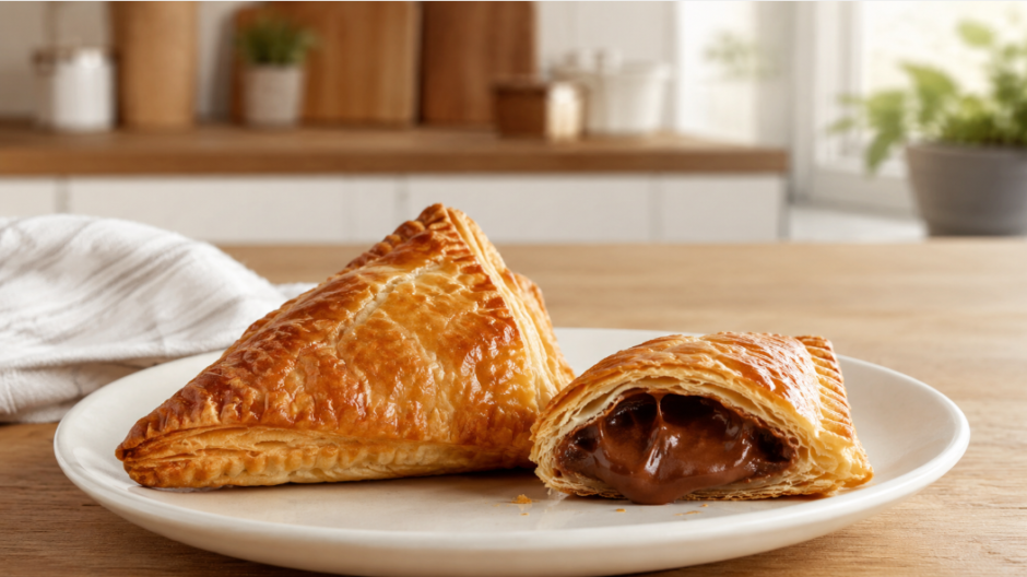 皿に盛った三角チョコパイと、とろけるチョコクリームが見える賞味期限解説向けのイメージ