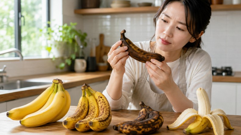 キッチンで日本人女性がぶよぶよのバナナを確認し、熟成具合の違うバナナを見比べている様子