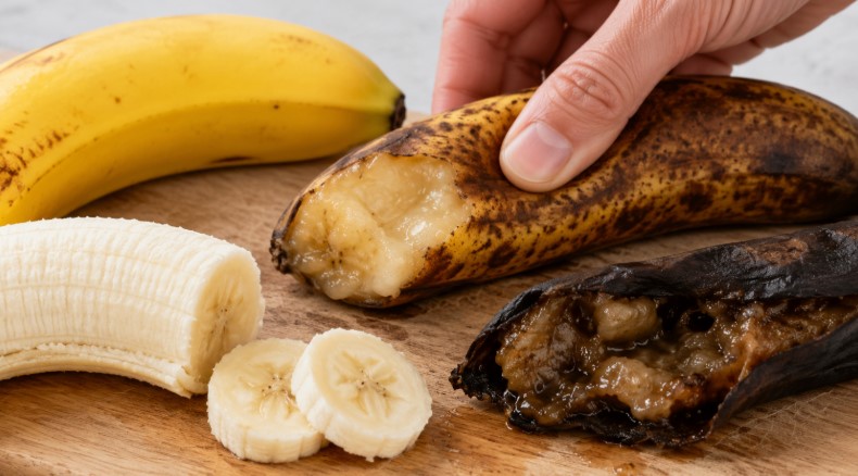 完熟バナナと腐敗したバナナの果肉や色の違いを比較し、食べられる状態を確認している様子