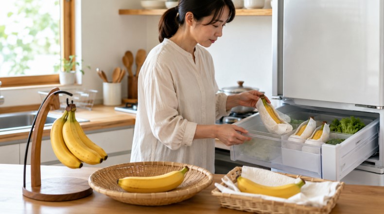 バナナを房から分けて吊るし、紙で包んで冷蔵庫に保存する長持ち対策の様子