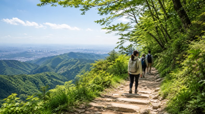 高尾山をケーブルカーなしで歩く初心者向け登山道と緑豊かな山並みの風景
