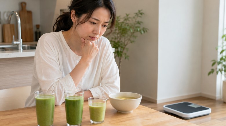 グリーンブラザーズファスティングで痩せない理由を考える女性とスムージー、スープ、体重計の様子
