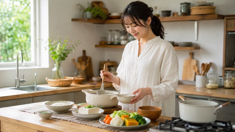 ファスティング後の食生活改善としておかゆや野菜を用意する日本人女性のキッチン風景