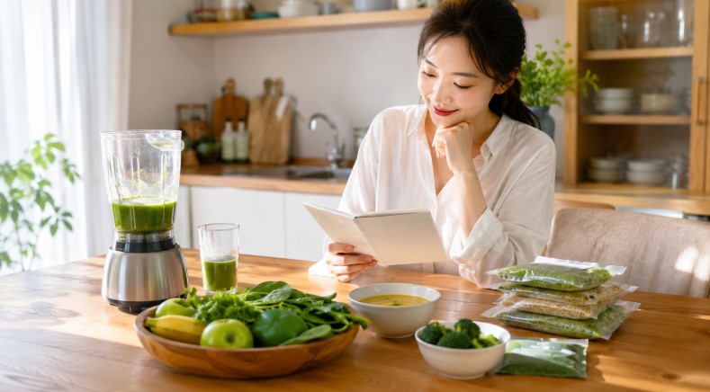 グリーンブラザーズの解約や休止を検討しながらスムージーや食事計画を見直す女性