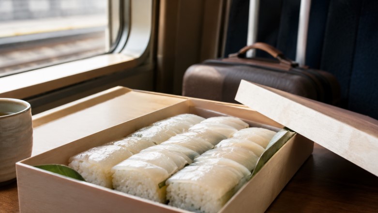 車窓のそばで楽しむえんがわ押し寿司と旅行かばん、駅弁としての魅力が伝わる一枚
