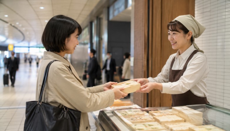 駅ナカの弁当売場で日本人客がえんがわ押し寿司を受け取る購入シーン