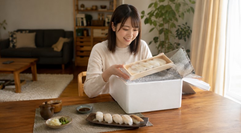 自宅で冷蔵配送の箱からえんがわ押し寿司を取り出す通販・取り寄せの様子