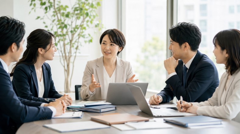 プロジェクト終了後の引き継ぎ資料を手渡す日本人ビジネスパーソン