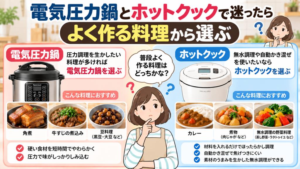電気圧力鍋とホットクックで迷ったらよく作る料理から選ぶ