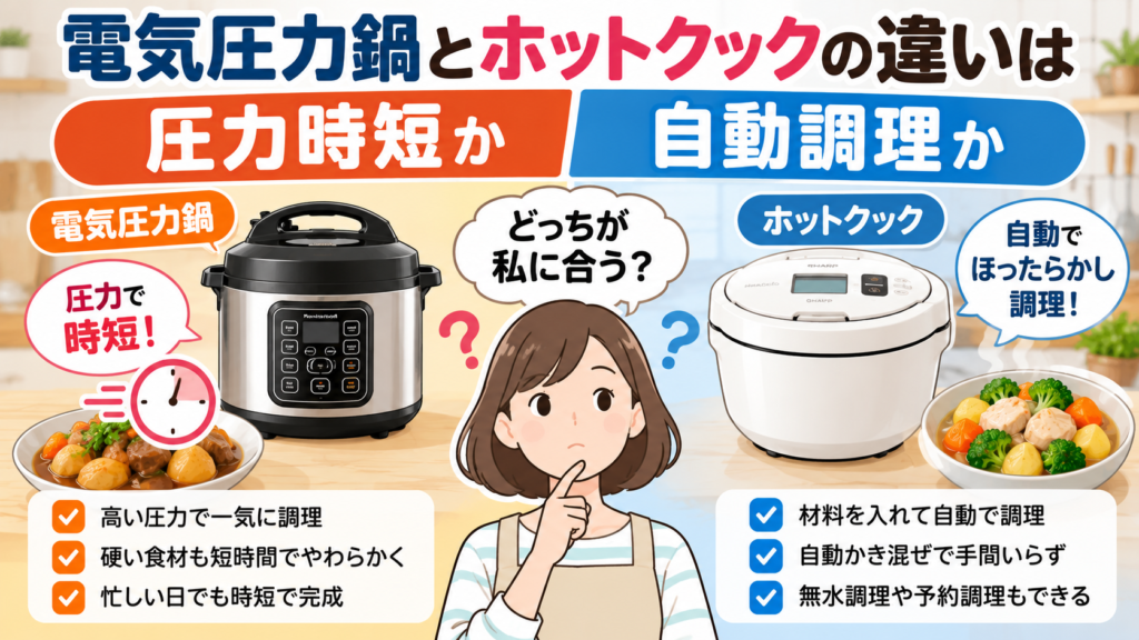 電気圧力鍋とホットクックの違いは圧力時短か自動調理か